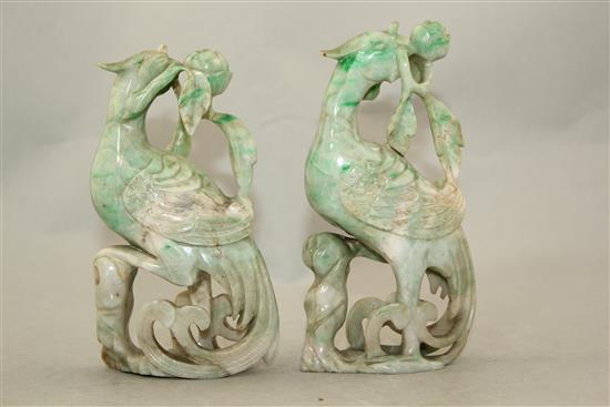 A pair of Chinese jadeite phoenixes, early 20th century, 15.5cm - 16cm